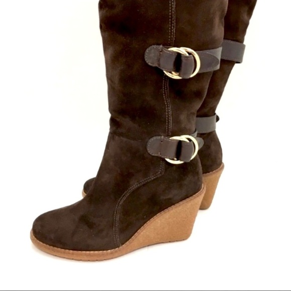 COLE Haan Michelle Belted Suede Fur Cuffs Knee High Wedge Boot Brown Size 5 - Picture 5 of 9